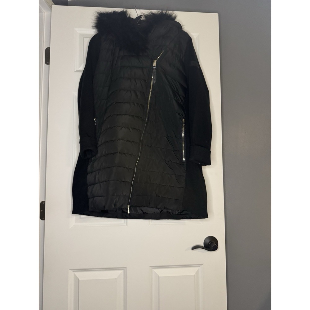 Calvin Klein Asymmetrical Zip Coat Attached Hood Black 1x